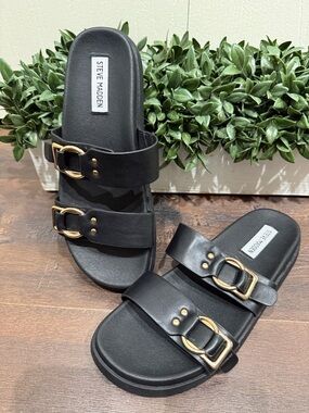 Steve Madden Hanni Double Strap Black Sandals with Gold Buckles Size 9.5 NWOT
